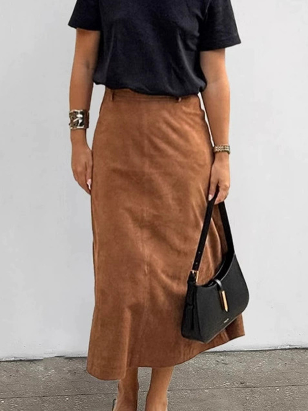 Forever 21 Brown Suede Wool Midi Skirt High Waist Vintage Office Fall Winter